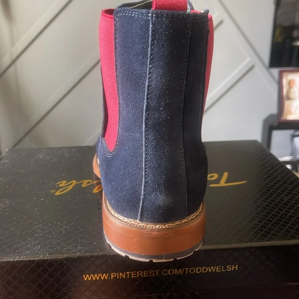 Blue and Red Chelsea Boots with Suede Upper and Elastic Panel - Picture 2 of 3